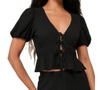 Damen-Babydoll-Bluse mit Rüschen, V-Ausschnitt, kurze Ärmel, vorne offen, zum Binden, Sommer-Shirt, Cokette-Top, Streetwear, Schwarz , M