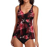 Damen-Badeanzüge, zweiteilig, Push Up V-Ausschnitt, Oberteil und Sommer-Shorts, kurvig, sportlich, Tankini, Set mit hoher Taille, Beachwear mit Boyshort, Strandmode, rot, L