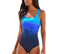 Damen Badeanzug Einteiliger Swimsuit Gestreift Farbverlauf Muster Beachwear Unique Konzeptionelle Farbblock Bademode Rückenfrei Kreuzgurte One Piece Schwimmanzug (Blau,L)
