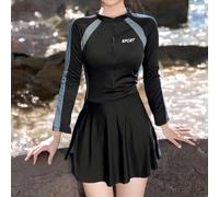 Damen Badeanzug Langarm Einteilig UV-Schutz Regular Fit(Black XL)