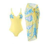 Damen Badeanzug mit Seestern Dekor, Mesh-Überlagerung bedruckter Rock, gelbe verstellbare Träger, Bademode für Strandurlaub, Frühling/Sommer gelber Ba