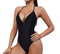Damen Badeanzug Piece mit tiefem V-Ausschnitt hoher Beinausschnitt offenem Rücken Elegante verstellbare Strandmode (Black, M)