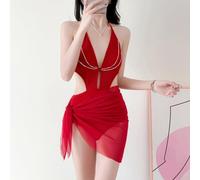 Damen-Badeanzug, schmale Kette, tiefer V, Bikini, reiner Desire-Stil, kleine Brust, sexy 2556(S Rot)