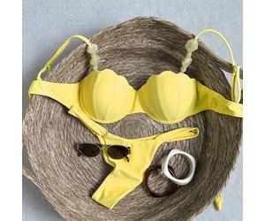 Damen Bademode, zitronengelb mit Bernstein-Anhänger Dekor Bügel-BH sexy Bikini Set, jugendlich und energiegeladen