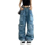Damen Baggy Cargohose Y2K Kleidung Multi-Pocket Relaxed Fit Jeans Fairy Grunge Kleidung Alt Emo Streetwear, Blue Jeans, M