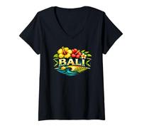 Damen Bali Blumendesign Tropische Blumen - Strand- und Inselreisen T-Shirt mit V-Ausschnitt