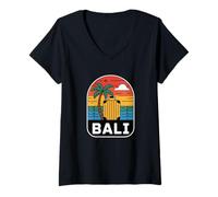 Damen Bali Indonesia Suitcase Sonnenuntergang Palme Retro Meer T-Shirt mit V-Ausschnitt