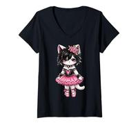 Damen Ballerina Goth Katze Punk Ballett Grunge Mädchen Tanz Ästhetik T-Shirt mit V-Ausschnitt