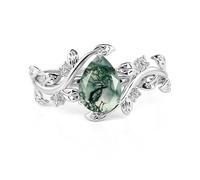Damen Band Ring Moosachat Silberring Birnenschliff Zirkonia Bandring mit Weinblatt Blumenring Sterling Silber Fingerring Verlobungsring Elegant Trauring für Frauen Mädchen (Silber, 57(18.1))