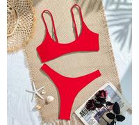 Damen Bandeau Bikini Set mit 2 Teilen, sexy einfarbige Triangel-Bikinihose mit verstellbaren Rückenverschluss-Trägern, Sommer Bademode Urlaub Rot