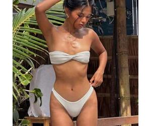 Damen Bandeau-Bikini-Top mit Twist und hochgeschnittener Bikinihose, Urlaubsstrand Weiß Sommer