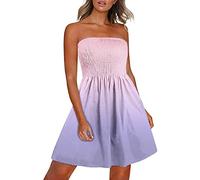 Damen Bandeau Boho Kleid Schulterfrei Elegante Sommerkleid Kurz Freizeitkleid Strandkleid Party Cocktailkleid Farbverlauf Blumen Druck Minikleid Stretch Hohe Taille A-Linie Faltenkleid 06 Rosa M