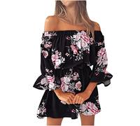 Damen Bandeau Sommerkleider Kurz Sexy Trägerloses Schulterfreies Blumendruck Strandkleid Kleid Off Shoulder Minikleid Partykleid Casual Mini Blumenkleid Tunika Kleid für Frauen 00a Schwarz L