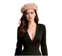 Damen Barrett Mütze Paris Style Baskenmütze beige Kaschmir Wolle für eleganten Stil Uni Farbe französisch Künstler (Beige)