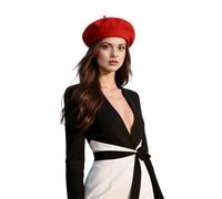Damen Barrett Mütze Paris Style rot Baskenmütze Kaschmir Wolle für eleganten Stil Uni Farbe französisch Künstler (Rot)