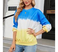 Damen Batik Langarm-T-Shirt, XL, Blau-Gelb, Lässig lockere Passform