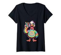Damen Batikfärbung Peace Duck Bunte Spirale Vogel T-Shirt mit V-Ausschnitt