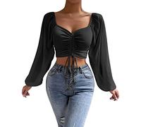 Damen Bauchfrei Oberteil Durchsichtig Ärmel Crop Top Langarmshirt Herzausschnitt Tops mit Tunnelzug