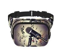 Damen Bauchtasche mit Mikrofon und Musiknoten-Aufdruck, mit verstellbarem Gurt, für Workout/Laufen/Wandern, Umhängetasche, Schwarz , Einheitsgröße