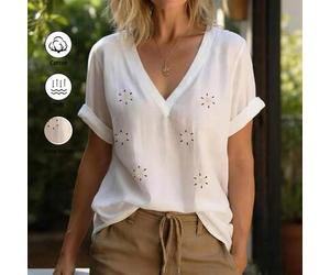 Damen Baumwoll-Bluse mit Stickerei, Oversized Passform, Kurzarm, Weiß