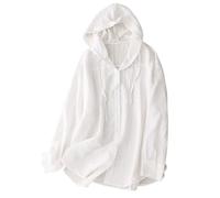 Damen Baumwoll-Leinen-Sonnenschutz-Shirts - Leichte Kapuze Langarm Botton Up Cover Up Cardigan Einfarbig Loose Fit UV Jacke für Strand Reisen Täglich Sommer Tragen, weiß, L