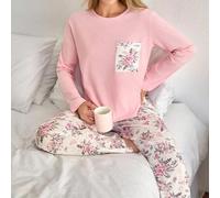 Damen Baumwolle PLUS 2 Stücke Homewear Set mit Blumen-Tasche Detail und Rundhals Langarmshirt & Hose mit Blumenmuster