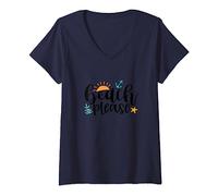 Damen Beach Please - lustiges Sommer-Design T-Shirt mit V-Ausschnitt