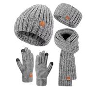 Damen-Beanie-Schal, Handschuhe, Stirnband-Set, Chenille, Wintermützen, Fleece-gefüttert, Ohrwärmer, Strickschal, Touchscreen-Handschuhe, 4 Geschenk-Set, Hellgrau, EinheitsgröÃŸe