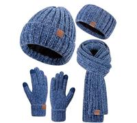 Damen-Beanie-Schal, Handschuhe, Stirnband-Set, Chenille, Wintermützen, Fleece-gefüttert, Ohrwärmer, Strickschal, Touchscreen-Handschuhe, 4 Geschenk-Set, Blau, EinheitsgröÃŸe