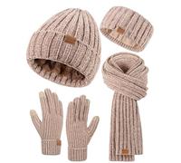 Damen-Beanie-Schal, Handschuhe, Stirnband-Set, Chenille, Wintermützen, Fleece-gefüttert, Ohrwärmer, Strickschal, Touchscreen-Handschuhe, 4 Geschenk-Set, Beige, Einheitsgre