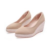 Damen Beige Spitz zulaufende Keilabsatz-Pumps | 8 cm Ultra-hohe Plattform, modische elegante Schuhe für Hochzeitsgäste