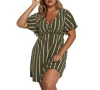 Damen Bekleidung Sale reduziert Damen Kleider Sommer Gestreiftes Damenkleid in Übergröße mit V-Ausschnitt und kurzen Ärmeln in A-Linie Schwarzes Kleid Eng Kurz Strickkleid Damen lang