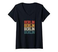 Damen Berliner Retro Stacked Typografie City Style T-Shirt mit V-Ausschnitt