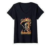 Damen Best Life Rock n Roll Skelett Zombie Fireblast T-Shirt mit V-Ausschnitt