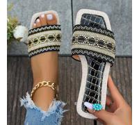 Damen bestickte gewebte Flache Hausschuhe, Boho-Stil gemusterte Sandalen für Party, Urlaub, Outdoor Outfit