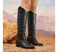 Damen Bestickte Western-Stiefel über dem Knie, spitzer Zehenbereich mit dickem Absatz, warme rutschfeste sexy Halbstiefel für Herbst/Winter