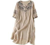 Damen Besticktes Baumwoll-Leinenkleid - Böhmischer Ethno-Stil, V-Ausschnitt, lockere Passform, Midi-Kleid mit Seitenschlitz, leicht, Sommer, lässig, Tunika, für Strand, Reisen, Alltag, beige, XL
