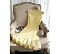 Damen besticktes Stoff Rundhals ärmellos plissiert Chiffon 3D Blumenknospe Puff Saum A-Linie elegant romantisch Urlaubs Hemdkleid Damen Hochzeits Urla