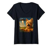 Damen Beunruhigtes Yorkshire-Terrier-UFO-Selfie Invasions-Alien T-Shirt mit V-Ausschnitt