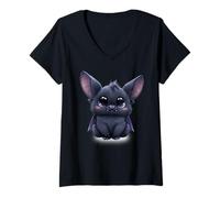 Damen Big Eyes Baby Fledermaus - Flauschiges süßes Fledermaus-Liebhaber-Design T-Shirt mit V-Ausschnitt
