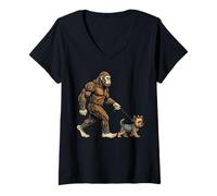 Damen Bigfoot Walking Yorkshire Terrier Hund Lustiger Sasquatch T-Shirt mit V-Ausschnitt