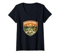 Damen Bikepacking Club Mountain Camp Fahrrad-Abenteuer-Abzeichen T-Shirt mit V-Ausschnitt
