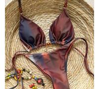 Damen-Bikini-Badeanzug in Burgunderrot mit Farbblock-Design, Triangel-Top mit Bindung vorne, für Urlaub, Strand und Sommer