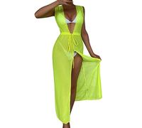 Damen Bikini Cover Up Strandkleider Sommer Sexy Tunika Beach Minikleid Lang Kleid Sommer Maxi Hoch Split Mesh Strandkleid Damen Sexy Bodycon Minikleid Transparente Strandkleid Minikleid (B-020, M)