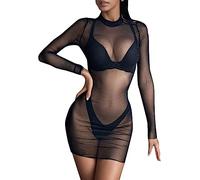 Damen Bikini Cover Up Strandkleider Sommer Sexy Tunika Beach Minikleid Lang Kleid Sommer Maxi Hoch Split Mesh Strandkleid Damen Sexy Bodycon Minikleid Transparente Strandkleid Minikleid (C-018, S)