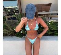 Damen Bikini mit grün-blau karierter Perlenverzierung, ein sexy Zweiteiler Badeanzug Set für Strandurlaub Sommer Frühling 2026, Geburtstagsoutfit für