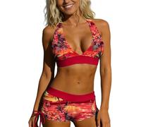 Damen Bikini Oberteil bügel, Bikini Damen Set Zweiteiler Neckholder Top und High Waist Shorts Blumenmuster Y2K Bikinis mit Push Up Sport Bauchweg Teenager Bustier Badeanzüge für Strand, Rot, XXL