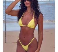 Damen-Bikini-Set, 2-teilige einfarbige Badebekleidung, Damen-Urlaubs-Badebekleidung Gelb Strand Sommer