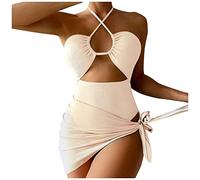 Damen Bikini Set 3 Teiliger Bikini-Sets mit Neckholder überkreuztes Badeanzug mit Cover Up Rock Swimsuit Set Triangel Bikinis Push Up Bademode Sexy Unterteil Seitlicher Schnürung und Wrap Rock