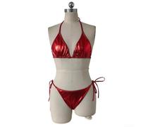 Damen-Bikini-Set aus Lackleder, Neckholder, zweiteiliger Badeanzug, Glitzer, Partykleidung, Sommer, Urlaub, S-XL (Rot, M)